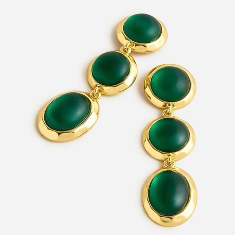 J. Crew Triple-Drop Tiered Matte-Green Glass Rhinestone Gold Tone Earrings